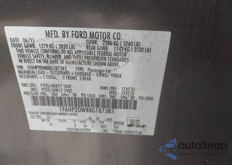 2011 Ford Taurus Se из США, поврежденный, VIN 1FAHP2DW8BG187383